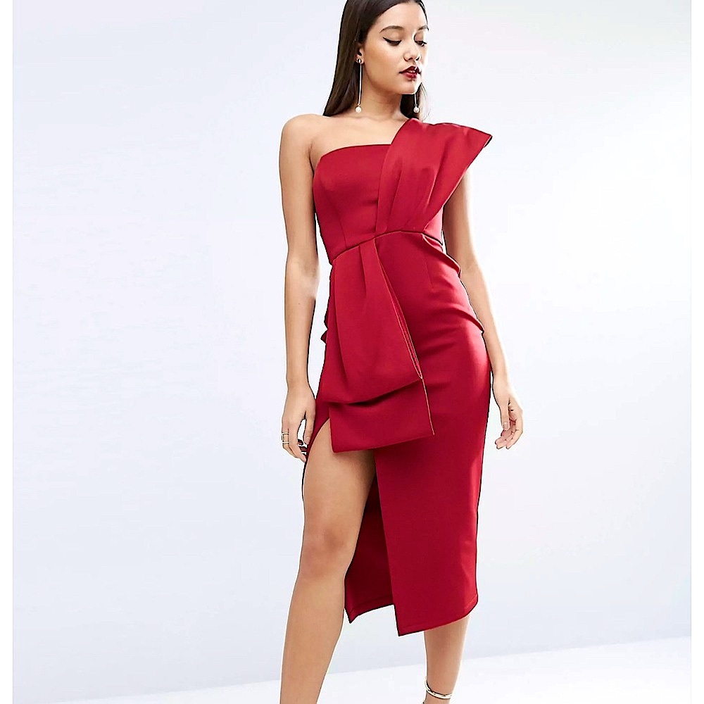 ASOS RED CARPET One Shoulder Bow Midi Dress Sz 4